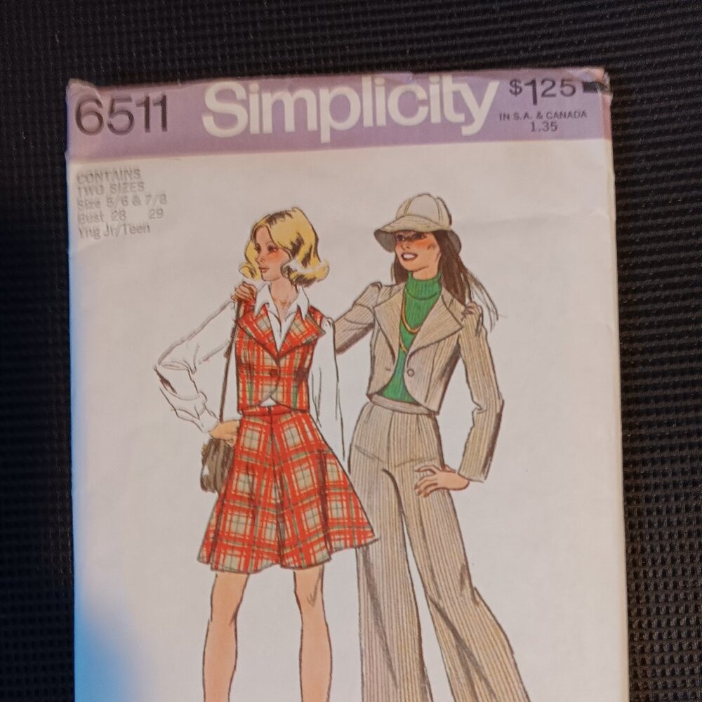 Vintage 70s Simplicity Sewing Pattern Junior Jacket Vest Pants, Skirt 6511